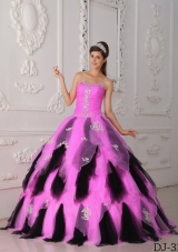 Rose Pink and Black Princess Quinceanera Dresses Gowns with Ruffles and Appliques