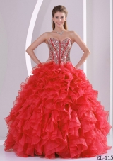 2014 Ruffles Puffy Sweetheart Beaded Decorate Quinceanera Dresses in Coral Red