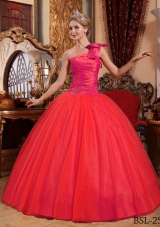 2014 Brand New Coral Red Puffy One Shoulder Beading Quinceanera Dress with Bow