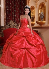 2014 Petty Coral Red Puffy Strapless Beading Quinceanera Dress with Pick-ups
