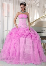 Strapless Organza Rose Pink Sweet Sixteen Dresses with Beading and Pick-ups
