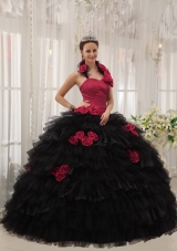 2014 Halter Top Ball Gown Hand Made Flower Organza Quinceanera Dresses with Red and Black