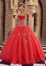2014 Pretty Red A-line Appliques and Beading Quinceanera Dresses