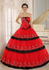 2014 Spring Red Strapless Hand Made Flower Lace Red and Black Quinceanera Dresses