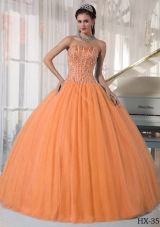 Orange Sweetheart Beaded Puffy Dress For Quinceaneras