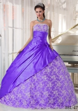 Purple Strapless Lace Discount Quinceanera Gowns with Flowers