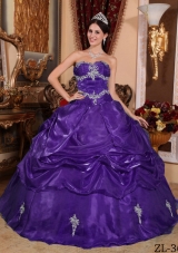 Purple Strapless Organza Quinceanera Gowns with Appliques and Pick-ups