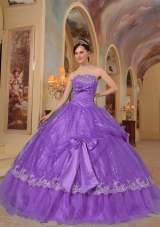 Wonderful Purple Strapless Bows Sequins Dress For Quinceanera