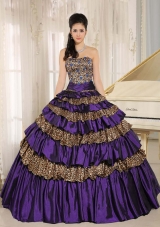 2014 Dark Purple Leopard Ruffled Layers and Appliques With Beading Dresses For a Quince For Custom Made