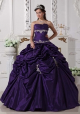 New Style Strapless Appliques Purple Quinceanera Gowns with Pick-ups