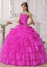 Cheap Pink Ball Gown Strapless Quinceanera Dress with Organza Appliques