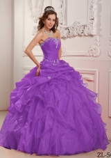 Purple Ball Gown Strapless Organza Beading and Ruffles Quinceanera Dress
