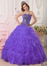 Purple Sweetheart Organza Sweet 15 Dresses with Beading and Ruffles