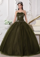 Ball Gown Sweetheart Tulle Olive Green Sweet 16 Dresses with Rhinestone
