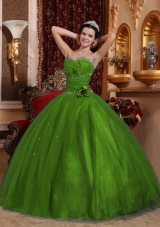 Olive Green Sweetheart Tulle Quinceaneras Dress with Beading and Flowers