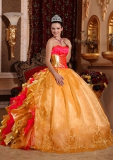 2014 Pretty Colourful Puffy Strapless Embroidery Gold Quinceanera Dress with Ruffles