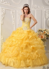 2014 Yellow Puffy Strapless Beading Quinceanera Dress with Hand Made Flower