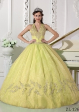 Romantic Yellow Puffy Halter Appliques Quinceanera Dress for 2014