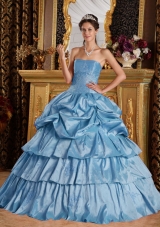 Blue Puffy Strapless Pick-ups and Ruffled Layers 2014 Quinceanera Dresses