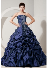 2014 Spring Navy Blue Strapless Brush Quinceanera Gowns with Beading