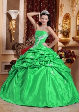 Luxurious Green Puffy Strapless for 2014 Quinceanera Dress with Pick-ups and Appliques