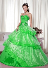 2014 Spring Green Puffy Sweetheart with Beading and Hand Made Flower Quinceanera Dress