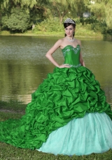 Cute Appliques and Pick-ups Brush Train Exquisite Style For 2014 Green Quinceanera Dress