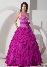 Ball Gown Halter Floor-length Chiffon Embroidery Quinceanera Dress