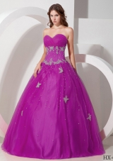 Ball Gown Sweetheart Floor-length Tulle Appliques and Beading Quinceanera Dress