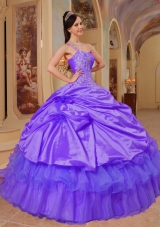 Elegant Purple Puffy One Shoulder Lace Quinceanera Dresses for 2014