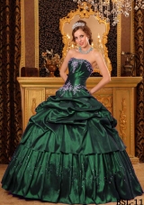 Cheap Ball Gown Strapless Dark Green Quinceanera Dresses with  Appliques
