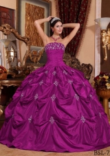 Appliques and Pick-ups Strapless Fuchsia Dress For Quinceanera