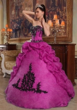 Appliques and Pick-ups Strapless Organza Fuchsia Dresses For a Quinceanera