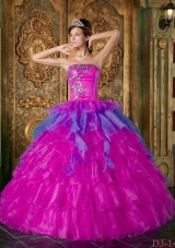 Appliques with Beading Organza Strapless Quinceanera Dress in Fuchsia
