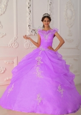Elegant V-neck Organza Appliques with Beading for Lilac Quinceanera Gowns