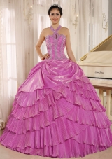 Halter Pleat Lilac Quinceneara Dresses with Beading and Layers