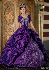 Eggplant Purple Ball Gown Strapless Quinceanera Dress with Pick-ups and Embroidery