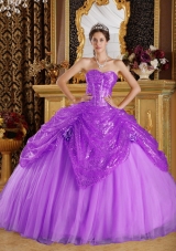 Purple Ball Gown Sweetheart Quinceanera Gowns Dresses with Handle Flowers and Sequins