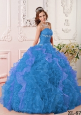 2014 Discount Aqua Blue Sweetheart Puffy Quinceanera Dress with Appliques and Beading