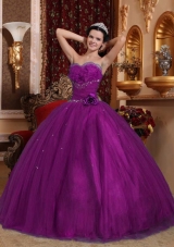 Elegant Eggplant Purple Puffy Sweetheart with Hand Made Flower Beading for 2014 Quinceanera Dress