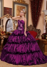 New Style Eggplant Purple Chapel Train with Appliques and Pick-ups Quinceanera Dress for 2014