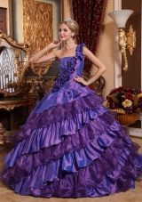 One Shoulder Quinceanera Dress with Hand Made Flowers and Ruffled Layers