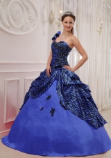 2014 Affordable Blue Puffy One Shoulder Quinceanera Dress with Pick-ups and Appliques