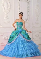 2014 CuteBlue Puffy Strapless Lace and Appliques Quinceanera Dress with Ruffled Layers