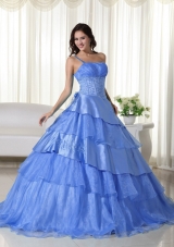Discount Blue Puffy One Shoulder for 2014 Beading Quinceanera Dress with Ruffled Layers