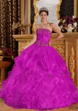 Strapless Appliques and Pick-ups Organza Quinceanera Dress in Fuchsia