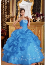 2014 Aqua Blue Ball Gown Strapless  Embroidery Quinceanera Dress with Pick-ups
