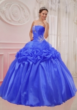 2014 Blue Puffy Strapless Ruching and Beading Quinceanera Dress with Pick-ups