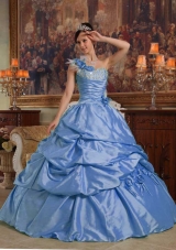 2014 Blue Quinceanera Dress Puffy One Shoulder with Hand Made Flowers and Beading