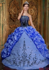 2014 Discount Blue Puffy Strapless Embroidery Quinceanera Dress with Pick-ups